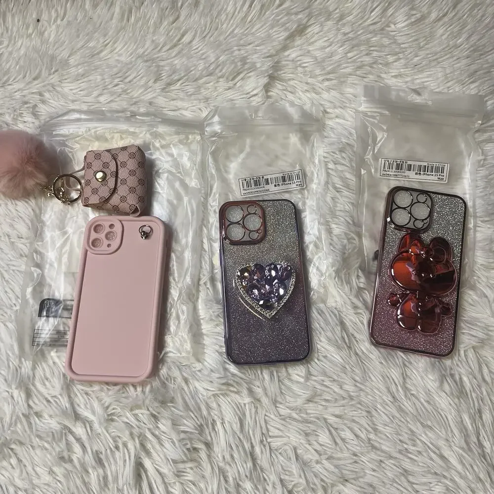 Lot Of 2 iPhone 15 Pro Max Plated Glitter Rhinestone Heart Hello Kit Phone Case